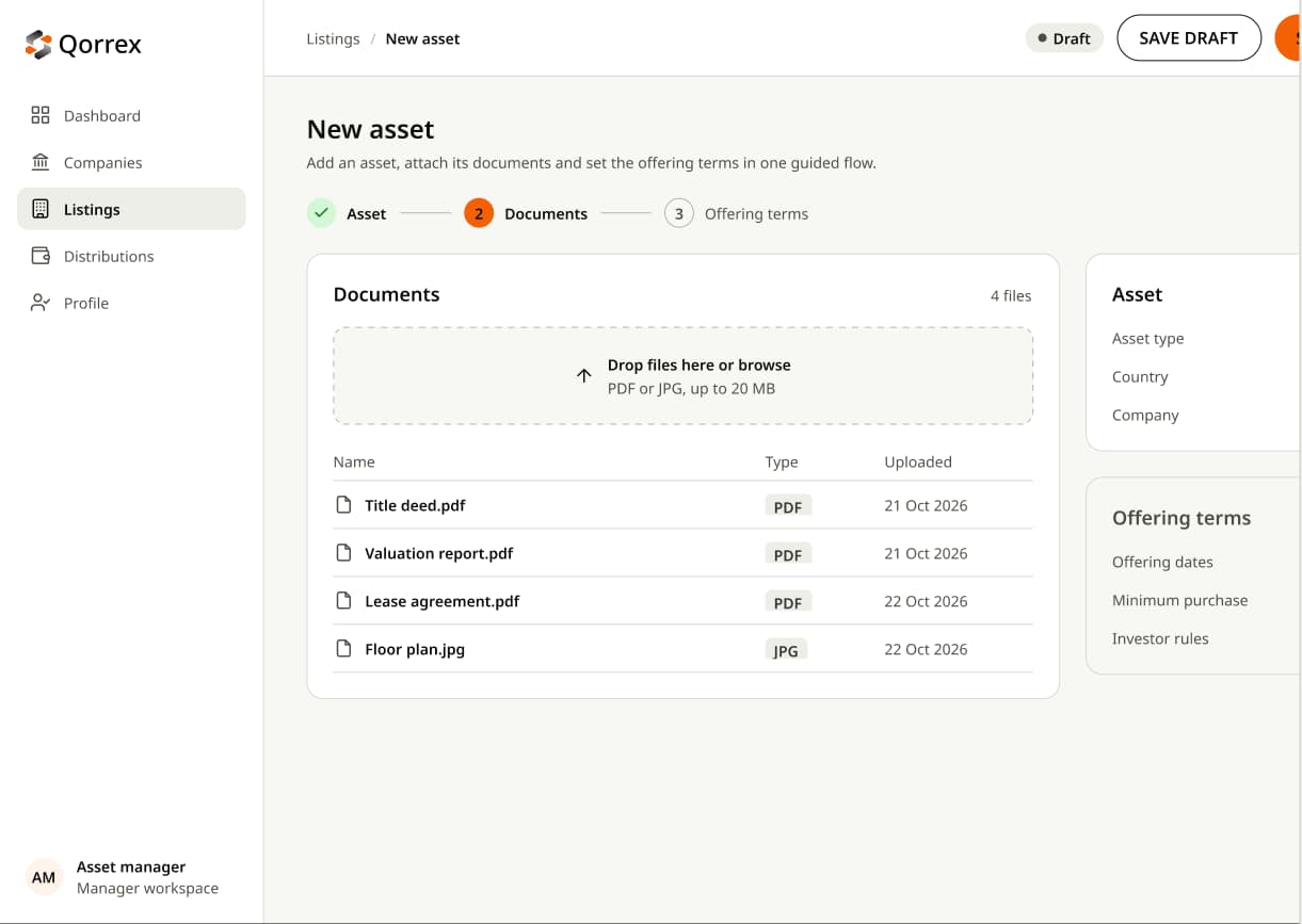 Add an asset, attach its documents and set the offering terms in one guided flow.